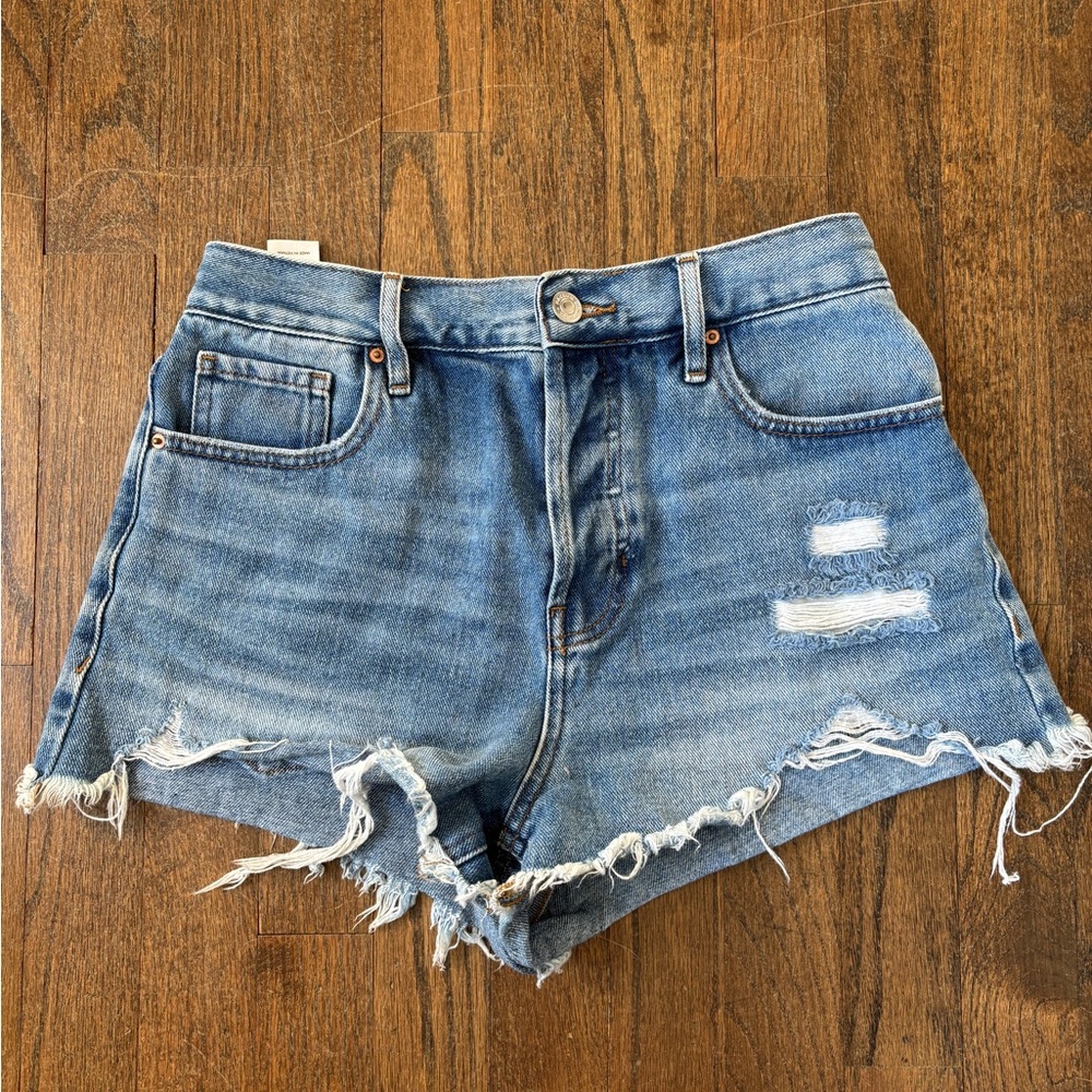 Distressed high rise denim shorts